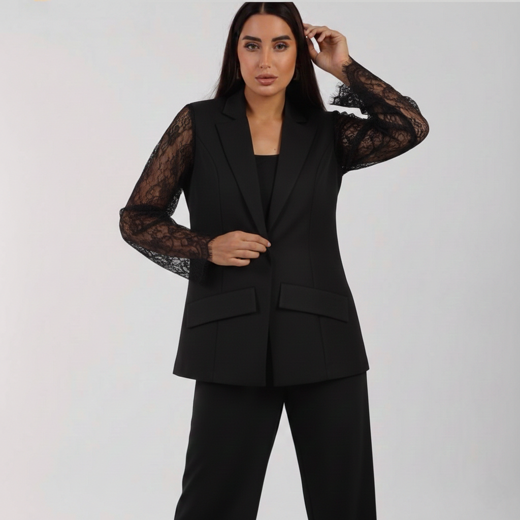 بدلة سواريه دانتيل كلاسيك باللون الأسود راقية Elegant Black Classic Soiree Suit