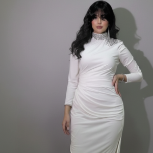 فستان سواريه مجسم أبيض مرصع | White Jeweled Evening Dress - Matching