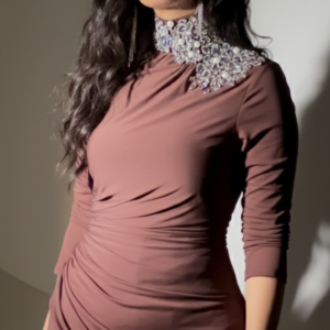 فستان سواريه مجسم بني مرصع | Brown Jeweled Evening Dress - Matching