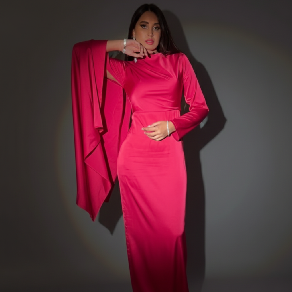 فساتين سواريه صك ستان فوشيا كم و كم | Fuchsia Satin Bodycon Dress Cape - Matching