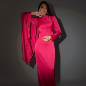 فساتين سواريه صك ستان فوشيا كم و كم | Fuchsia Satin Bodycon Dress Cape - Matching