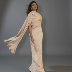 فساتين سواريه صك ستان بيج كم و كم | Beige Satin Bodycon Dress Cape - Matching