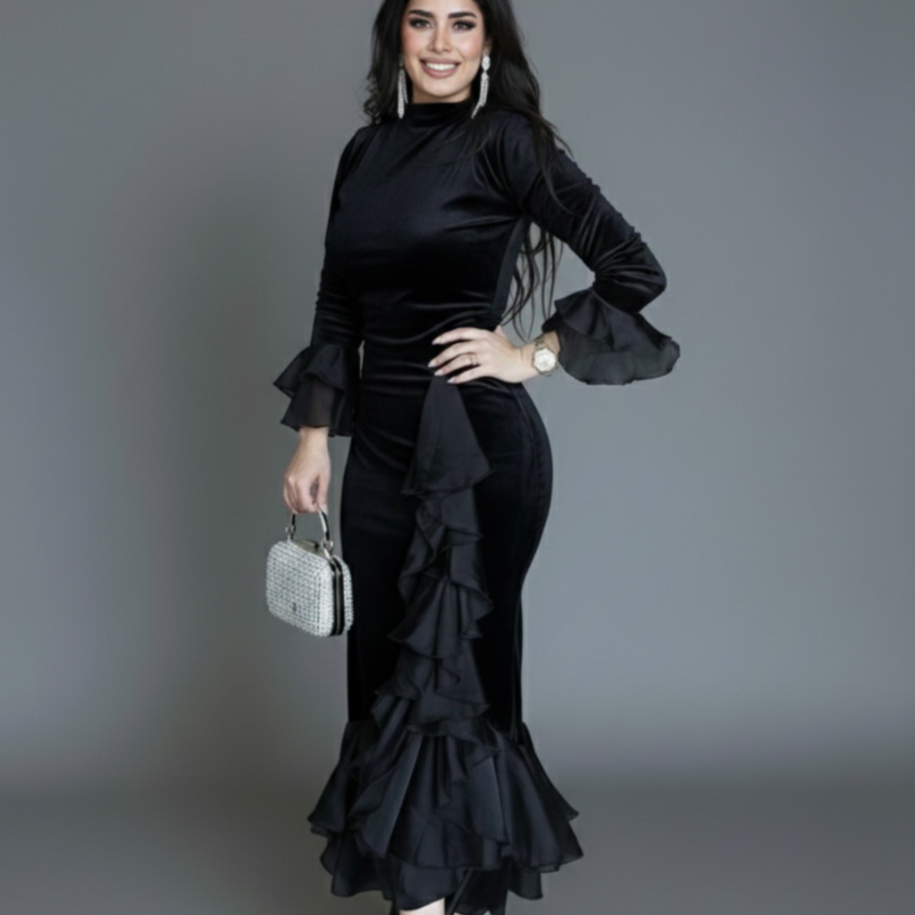 فساتين قطيفة سواريه منفوش أسود | Velvet Soiree Dress - Matching