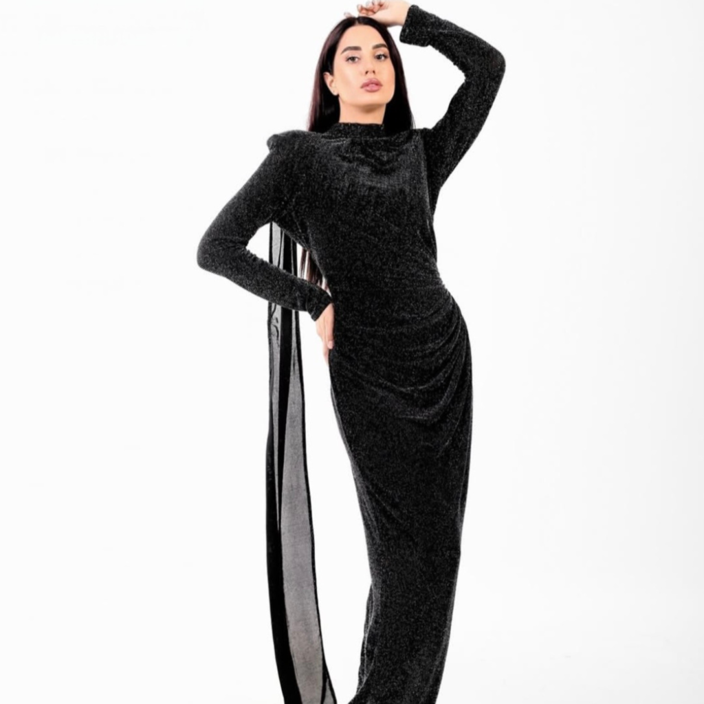 فستان كاب جليتر أسود ماتشنج - Black Glitter Cape Dress Matching