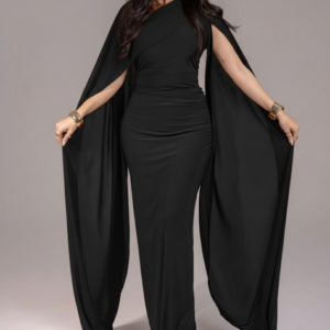 فستان سهرة ناعم اسود كاب ملكي من ماتشنج - Black Elegant Cape Evening Dress by Matching