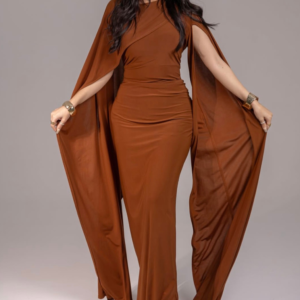 فستان سهرة ناعم بني كاب ملكي من ماتشنج - Brown Elegant Cape Evening Dress by Matching