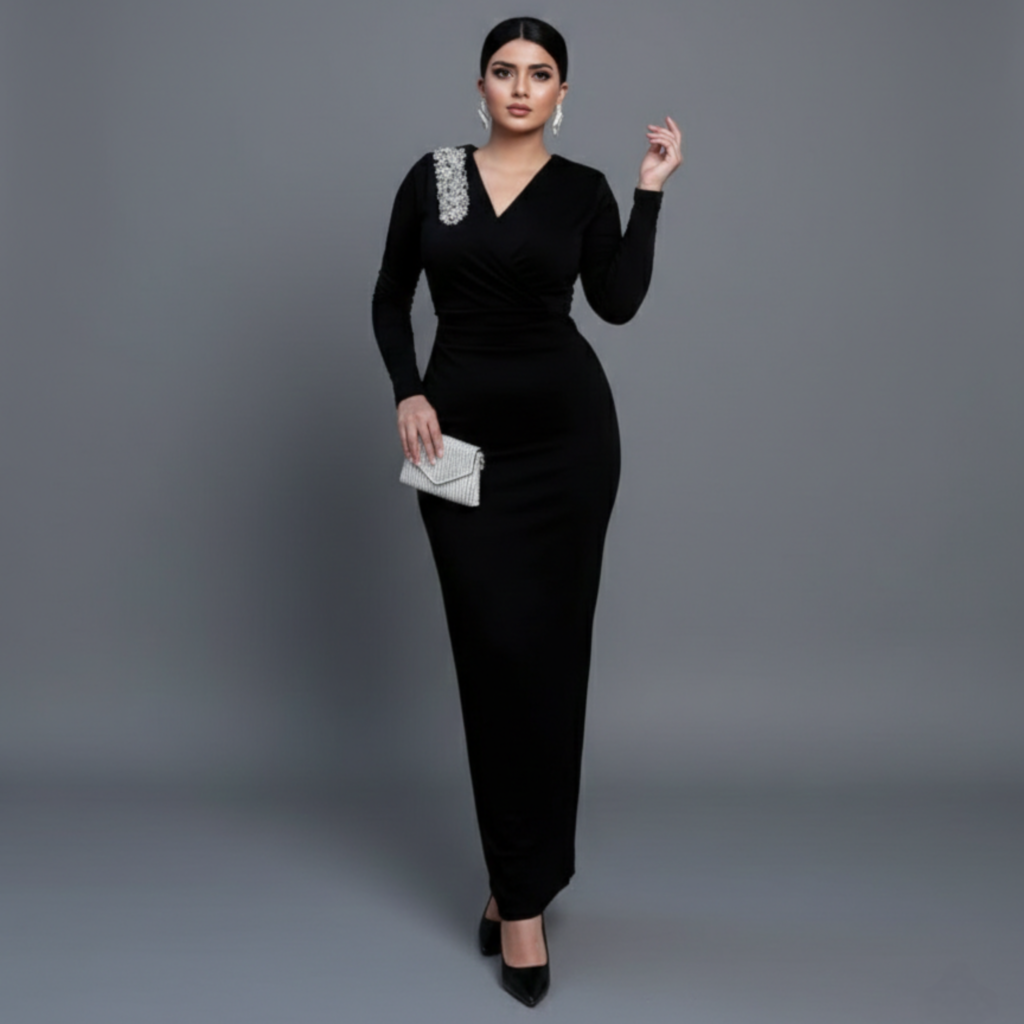 فساتين سواريه حلوه: فستان صك أسود فخم بكتف مطرز وعقدة أمامية من براند Matching.